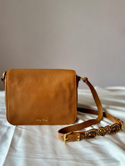 Authentic MIU MIU Madras Ribbon Camel Brown Leather Crystal Studs Embellished Shoulder Crossbody Bag