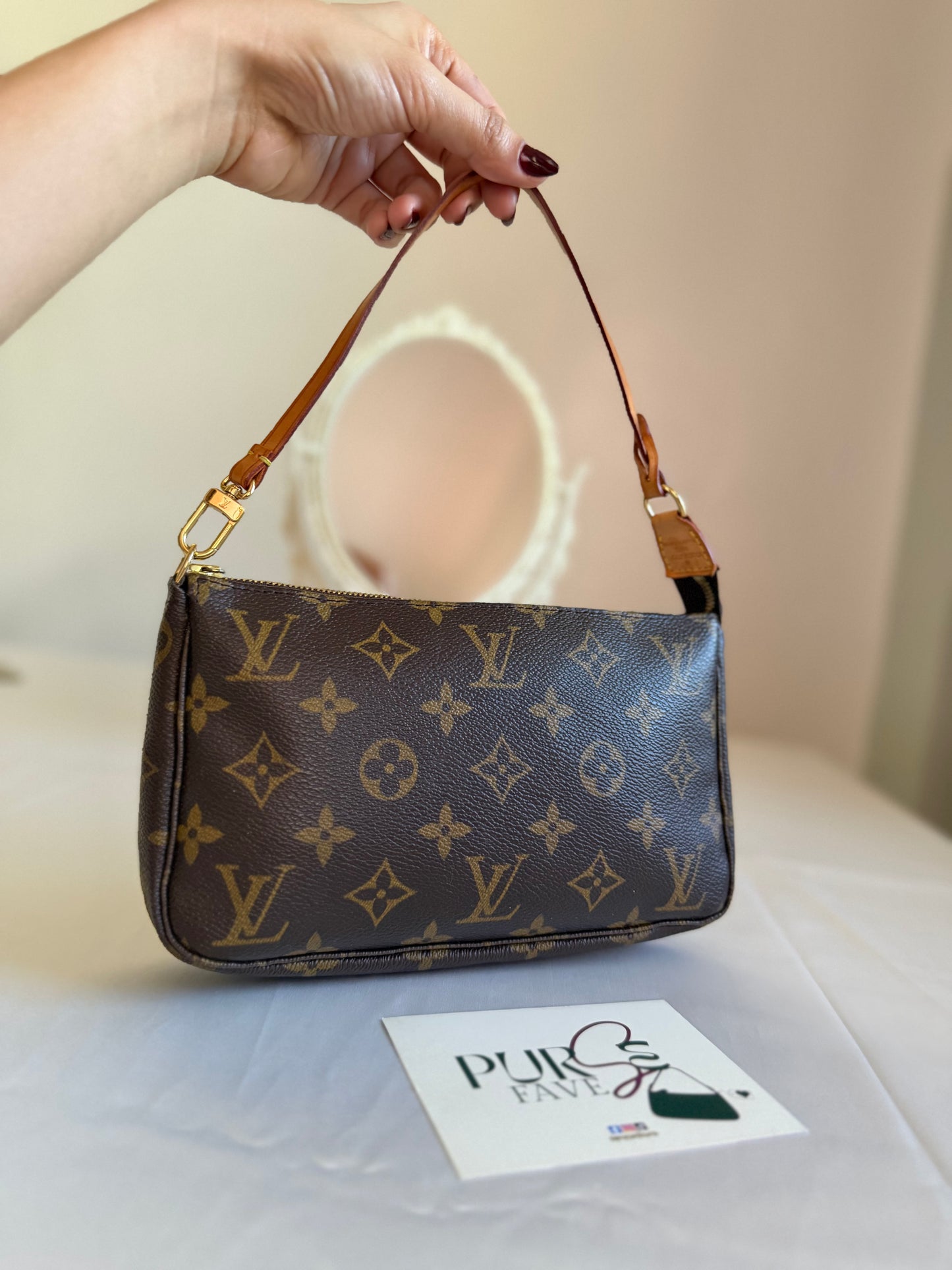 Authentic LOUIS VUITTON Pochette Accessoire Clutch Brown Monogram Canvas Leather Shoulder Bag