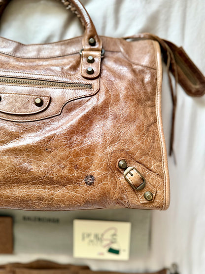 Authentic BALENCIAGA Motocross Classic City Glazed Brown Lambskin Leather Bag