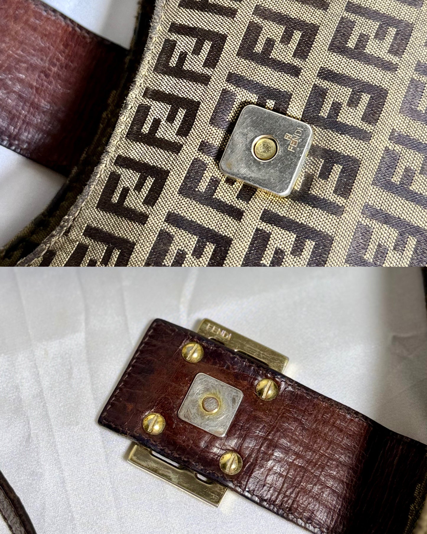 Authentic FENDI Beige / Brown Zucchino Canvas Hobo Trimmed Mamma Baguette Shoulder Bag