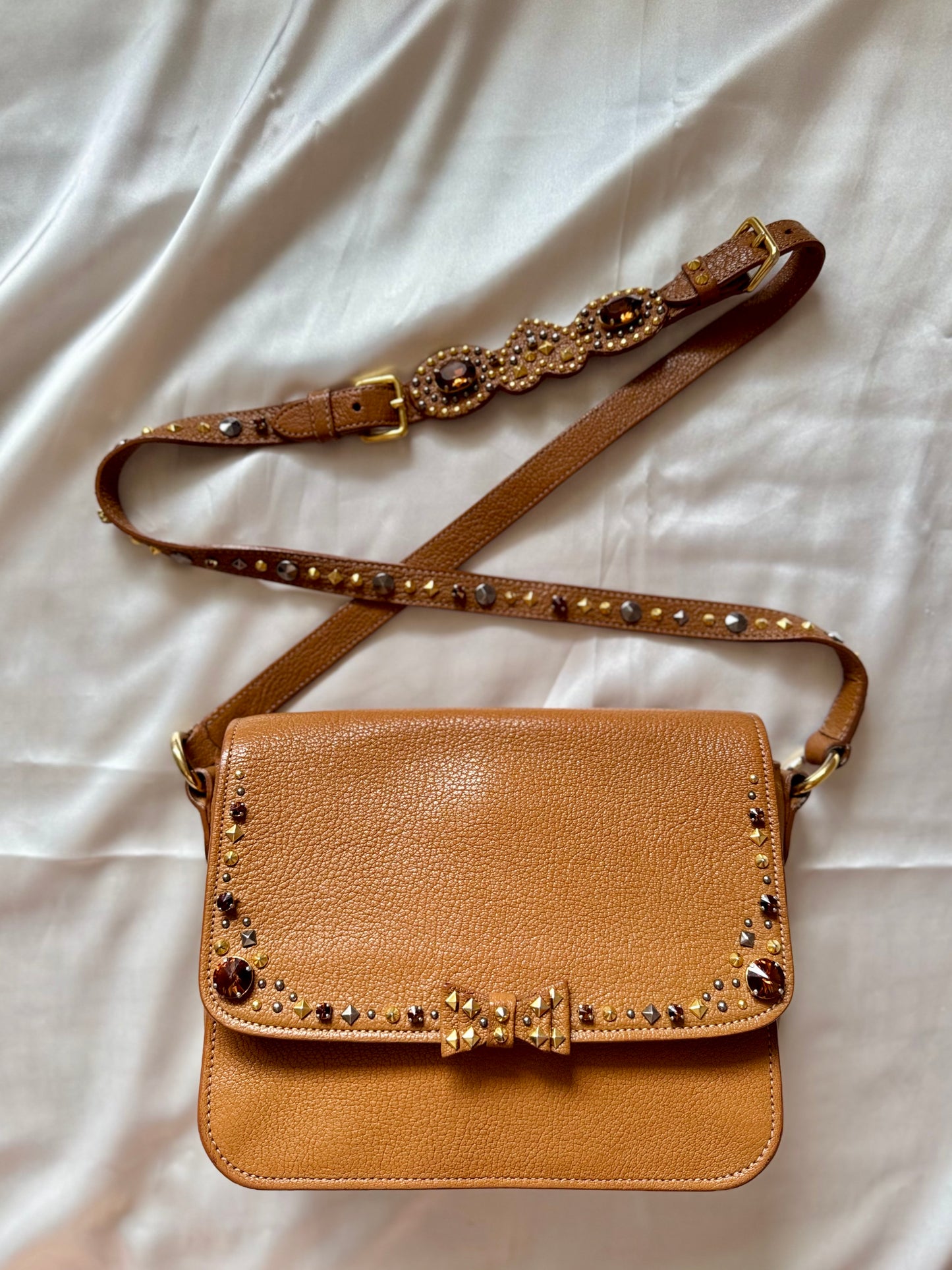 Authentic MIU MIU Madras Ribbon Camel Brown Leather Crystal Studs Embellished Shoulder Crossbody Bag