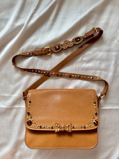 Authentic MIU MIU Madras Ribbon Camel Brown Leather Crystal Studs Embellished Shoulder Crossbody Bag