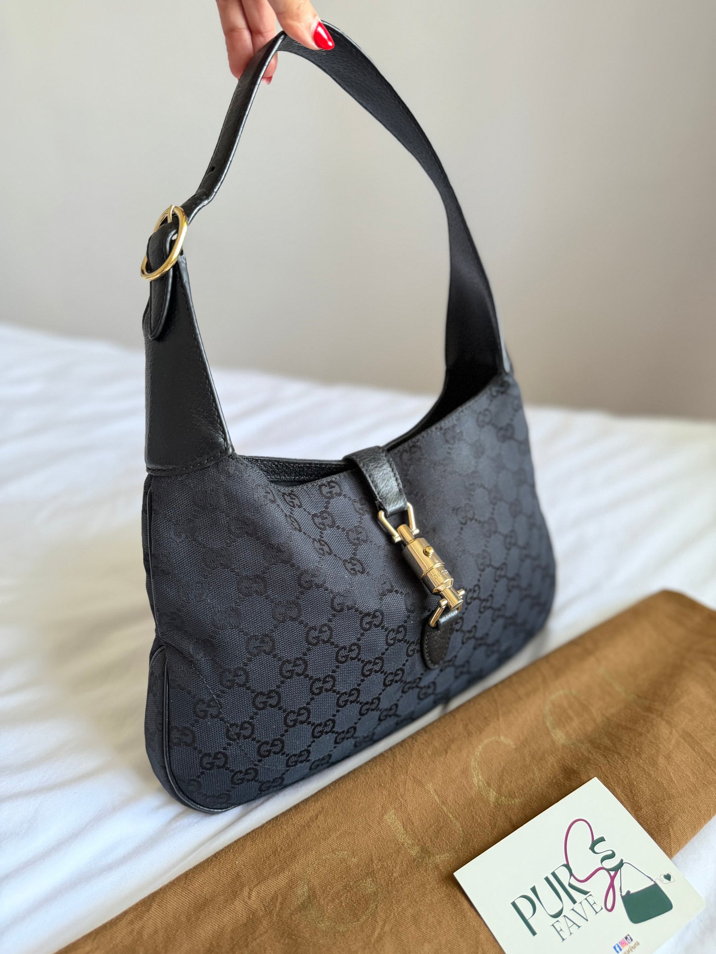 Authentic GUCCI Jackie 1961 Medium Black GG Monogram Canvas Hobo Shoulder Bag