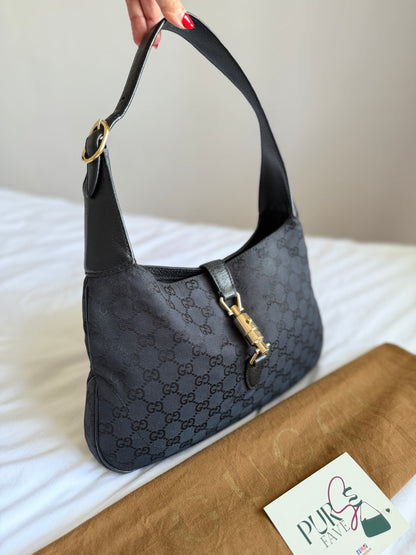 Authentic GUCCI Jackie 1961 Medium Black GG Monogram Canvas Hobo Shoulder Bag