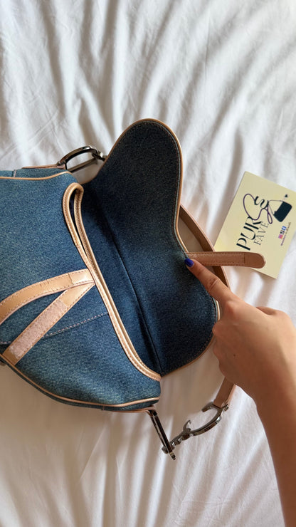 Authentic Vintage Christian Dior Light Blue Denim with Pocket Saddle Shoulder Bag