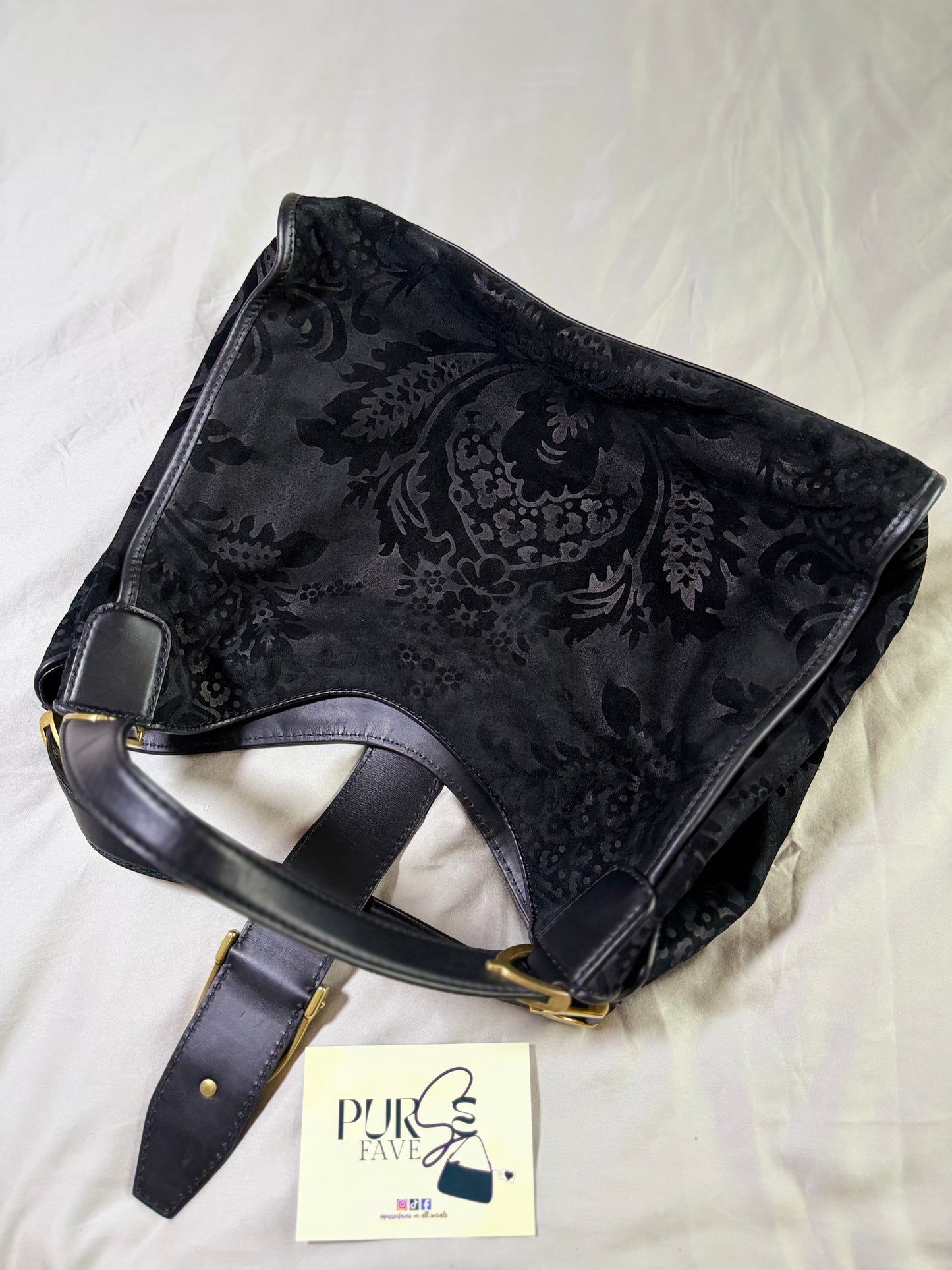 Authentic GUCCI Brocade Black Nubuck & Suede Soft Horsebit Stirrup Tote