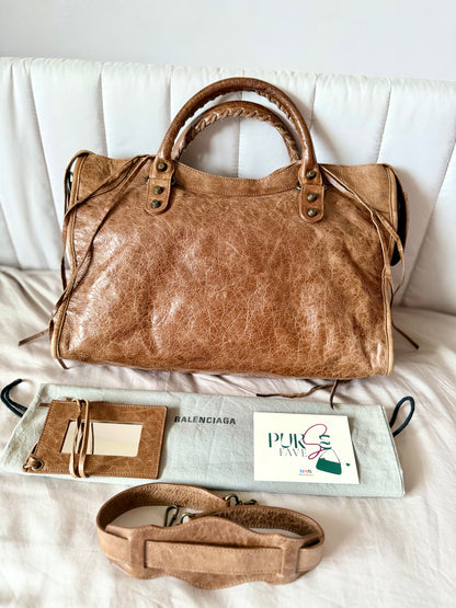 Authentic BALENCIAGA Motocross Classic City Glazed Brown Lambskin Leather Bag