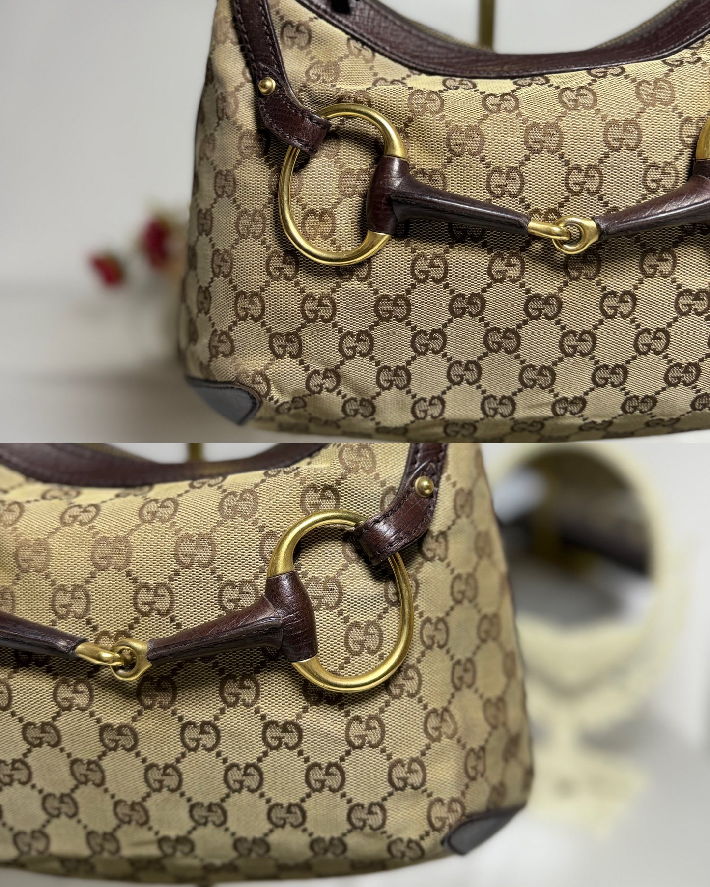 Authentic GUCCI Horsebit GG Canvas Brown Hobo Shoulder Bag