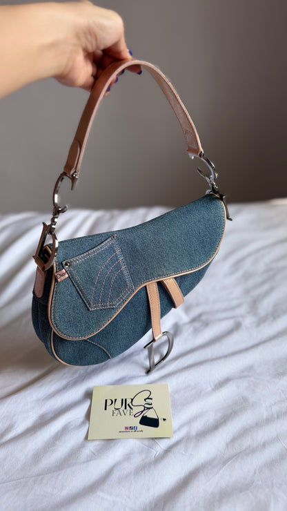 Authentic Vintage Christian Dior Light Blue Denim with Pocket Saddle Shoulder Bag