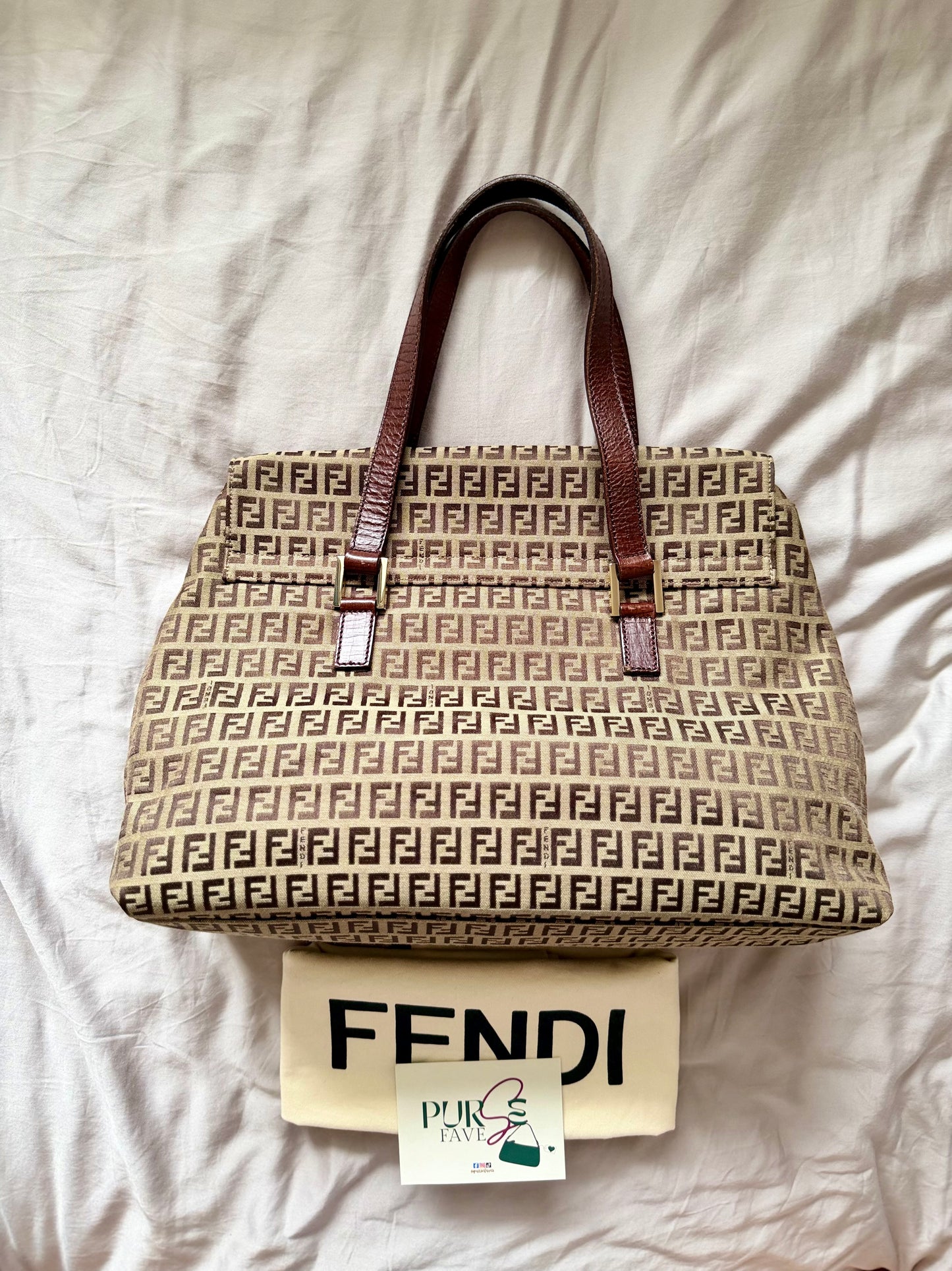 Authentic FENDI Beige / Brown Zucchino Canvas Accordion Large Shopper Tote Bag