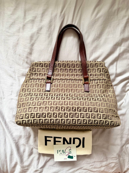 Authentic FENDI Beige / Brown Zucchino Canvas Accordion Large Shopper Tote Bag