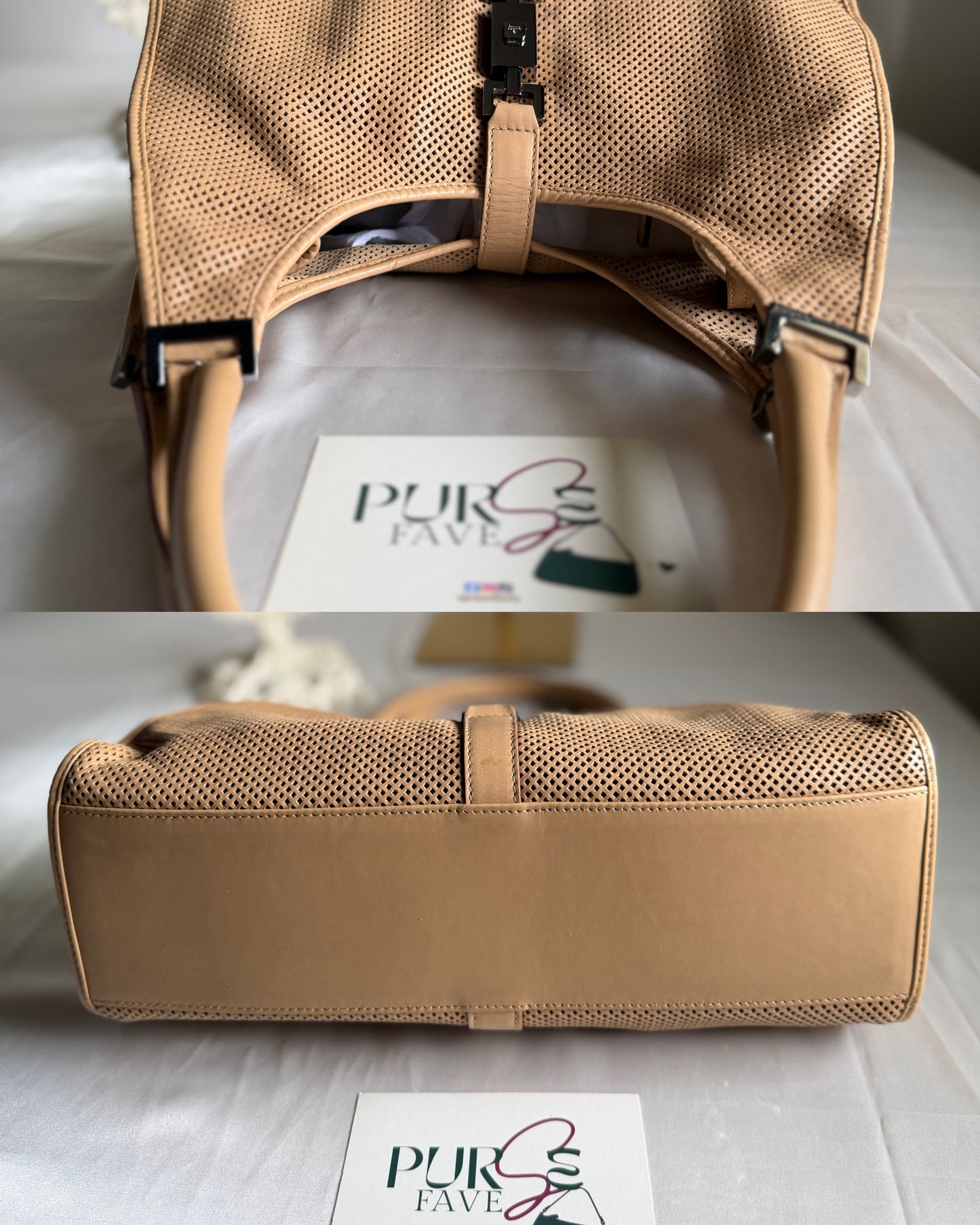 Authentic GUCCI Perforated Leather Jackie x Bardot Tan Hobo Shoulder Bag w/ Pouch (Rare/Limited)