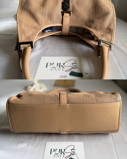 Authentic GUCCI Perforated Leather Jackie x Bardot Tan Hobo Shoulder Bag w/ Pouch (Rare/Limited)