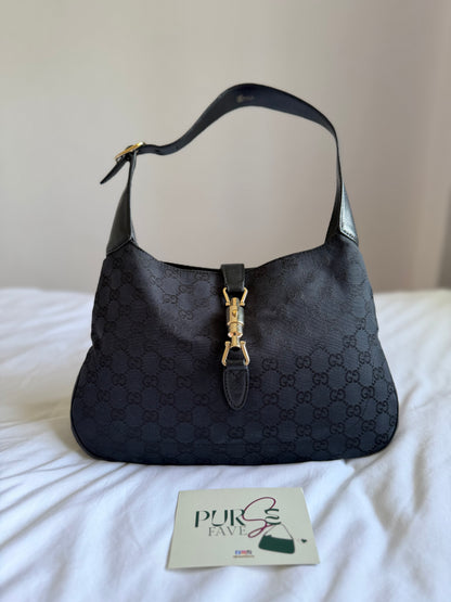 Authentic GUCCI Jackie 1961 Medium Black GG Monogram Canvas Hobo Shoulder Bag