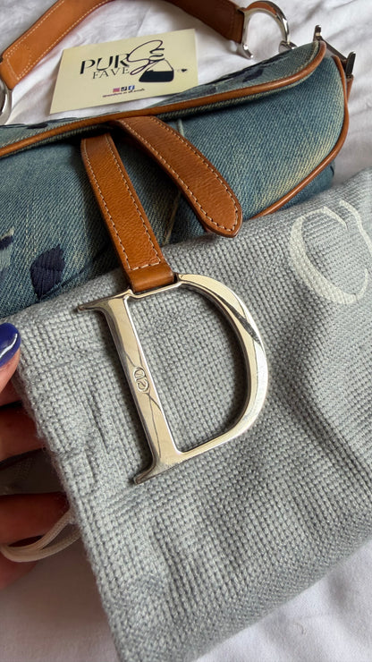 Authentic Vintage Christian Dior Light Blue Denim Saddle Shoulder Bag w/ Embroidered Floral & Butterfly Motifs