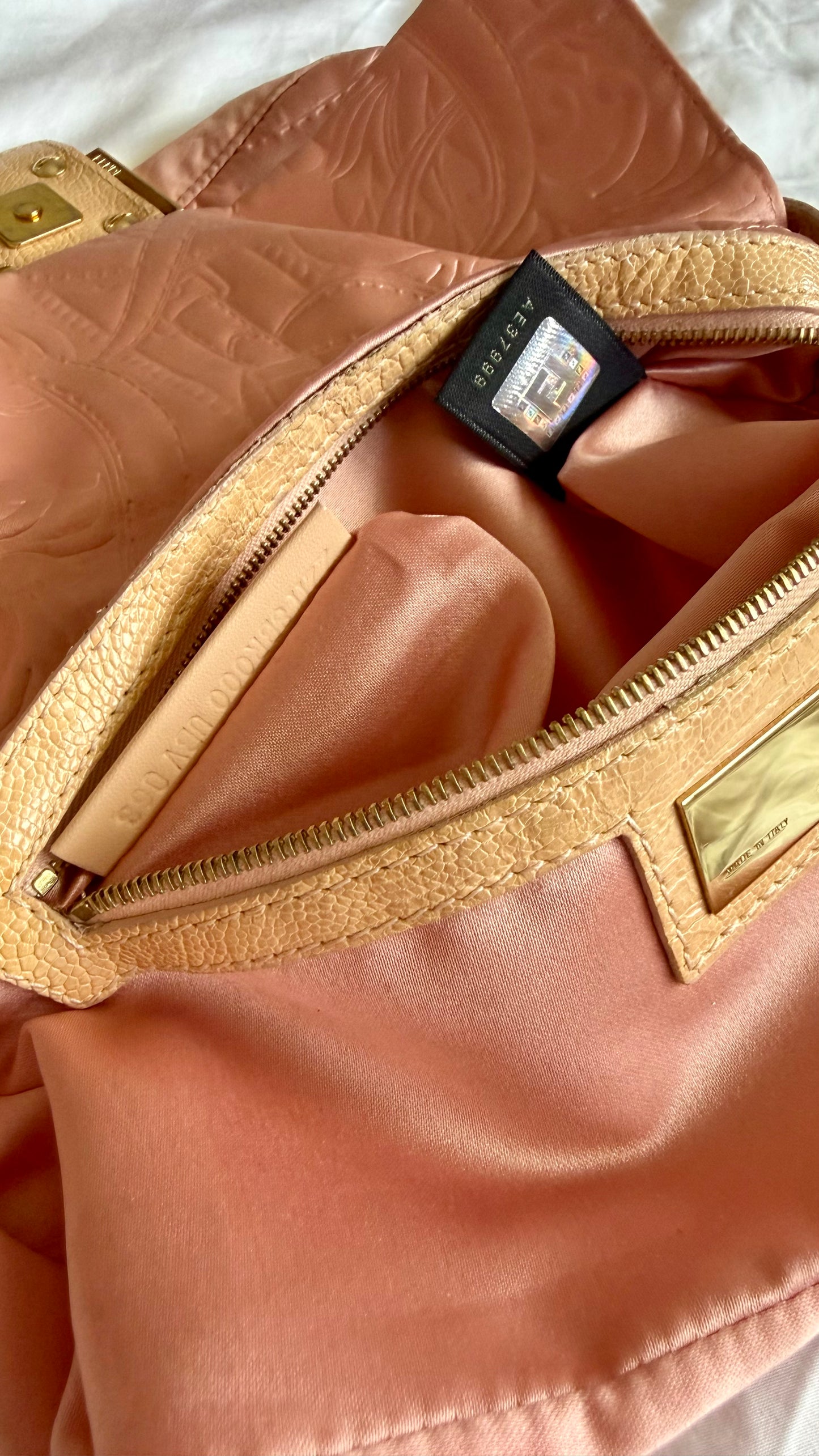 Authentic Vintage Fendi Baguette Pink Silk 3D Embossed Floral Swirl Pattern