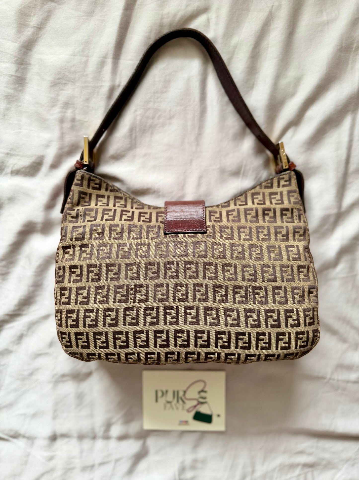 Authentic FENDI Beige / Brown Zucchino Canvas Hobo Trimmed Mamma Baguette Shoulder Bag