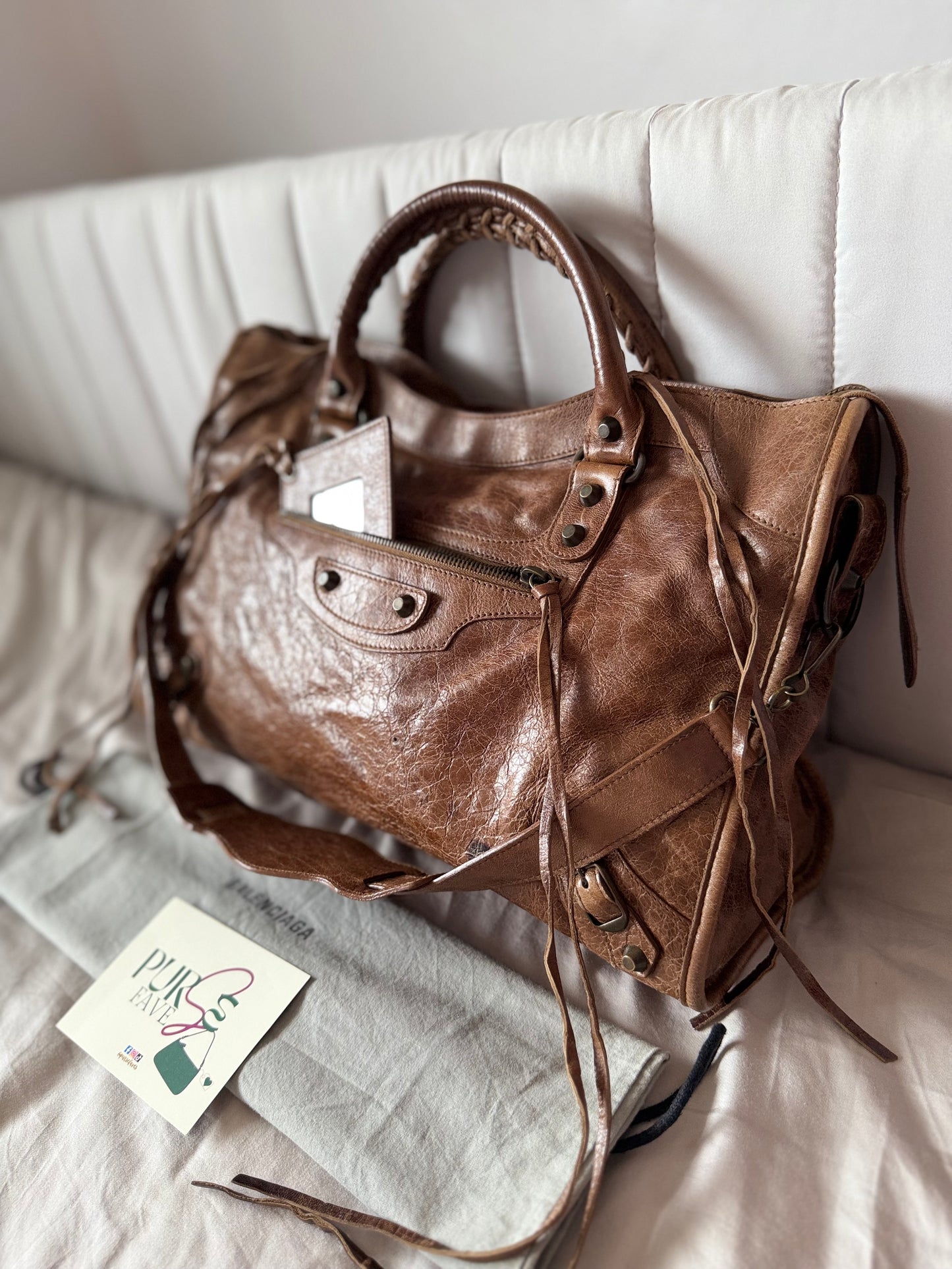Authentic BALENCIAGA Motocross Classic City Glazed Brown Lambskin Leather Bag