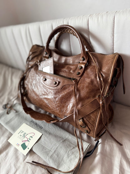 Authentic BALENCIAGA Motocross Classic City Glazed Brown Lambskin Leather Bag