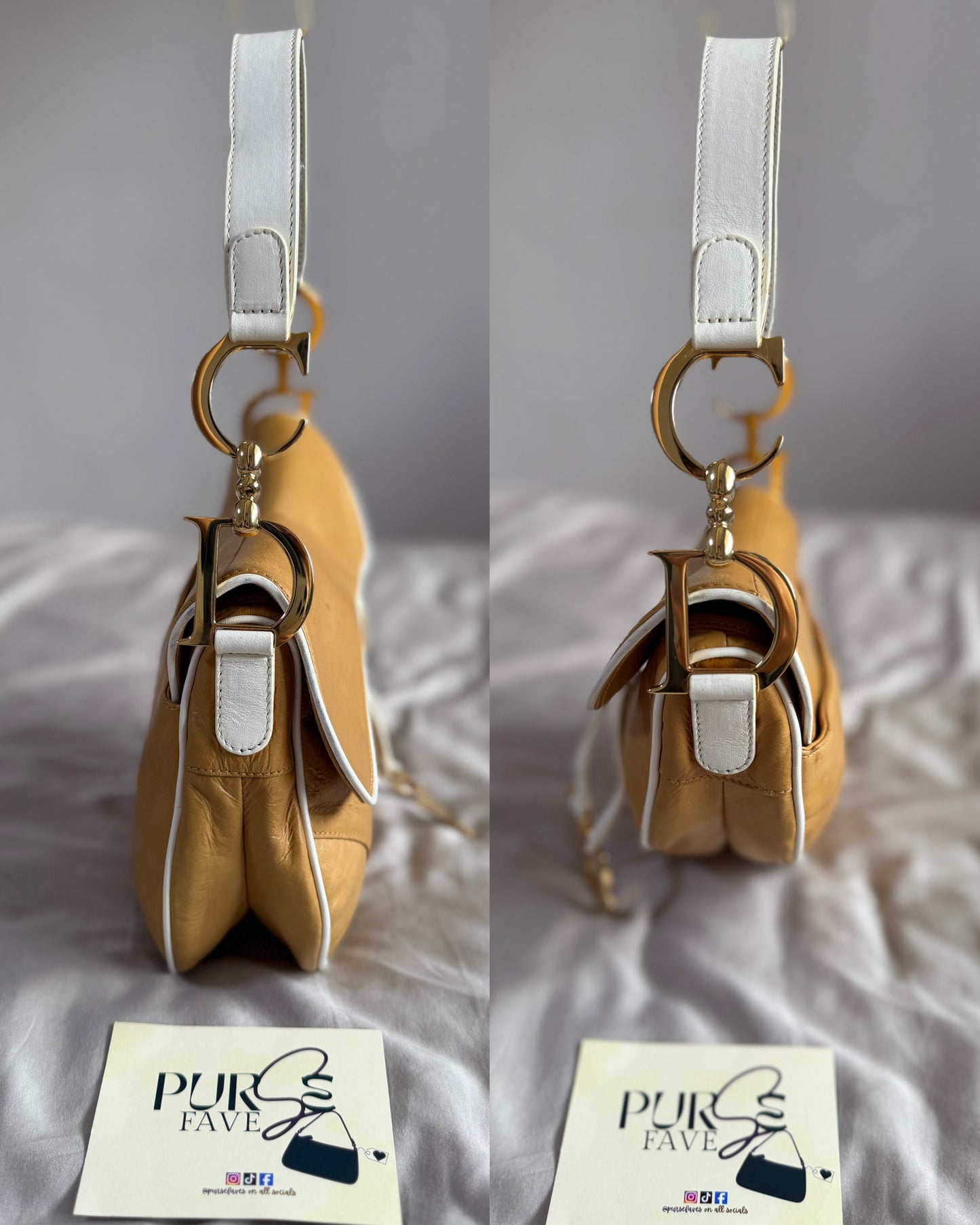 Authentic Vintage Christian Dior by John Galliano Tan Calfskin x White Leather Saddle Bag