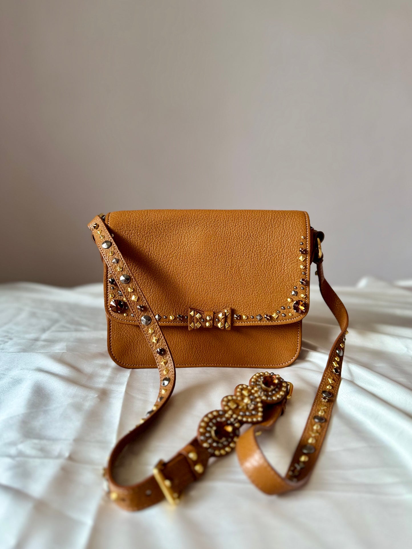 Authentic MIU MIU Madras Ribbon Camel Brown Leather Crystal Studs Embellished Shoulder Crossbody Bag