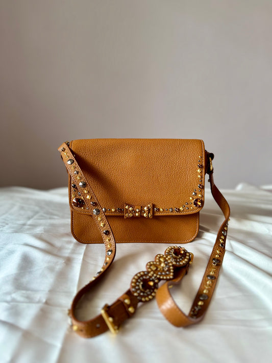 Authentic MIU MIU Madras Ribbon Camel Brown Leather Crystal Studs Embellished Shoulder Crossbody Bag