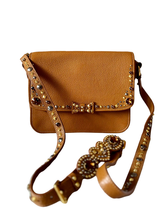 Authentic MIU MIU Madras Ribbon Camel Brown Leather Crystal Studs Embellished Shoulder Crossbody Bag
