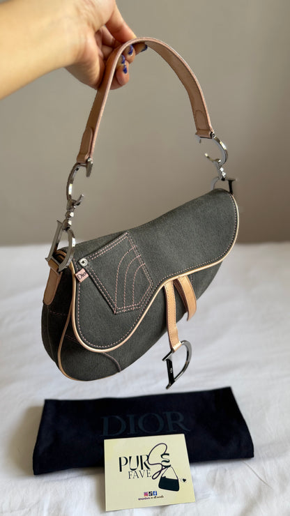 Authentic Vintage CHRISTIAN DIOR Dark Grey Denim with Pocket Saddle Shoulder Bag