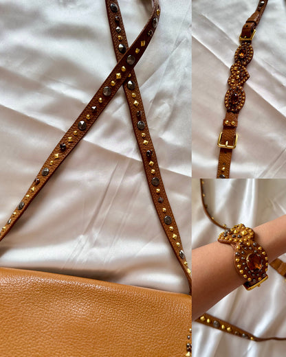 Authentic MIU MIU Madras Ribbon Camel Brown Leather Crystal Studs Embellished Shoulder Crossbody Bag