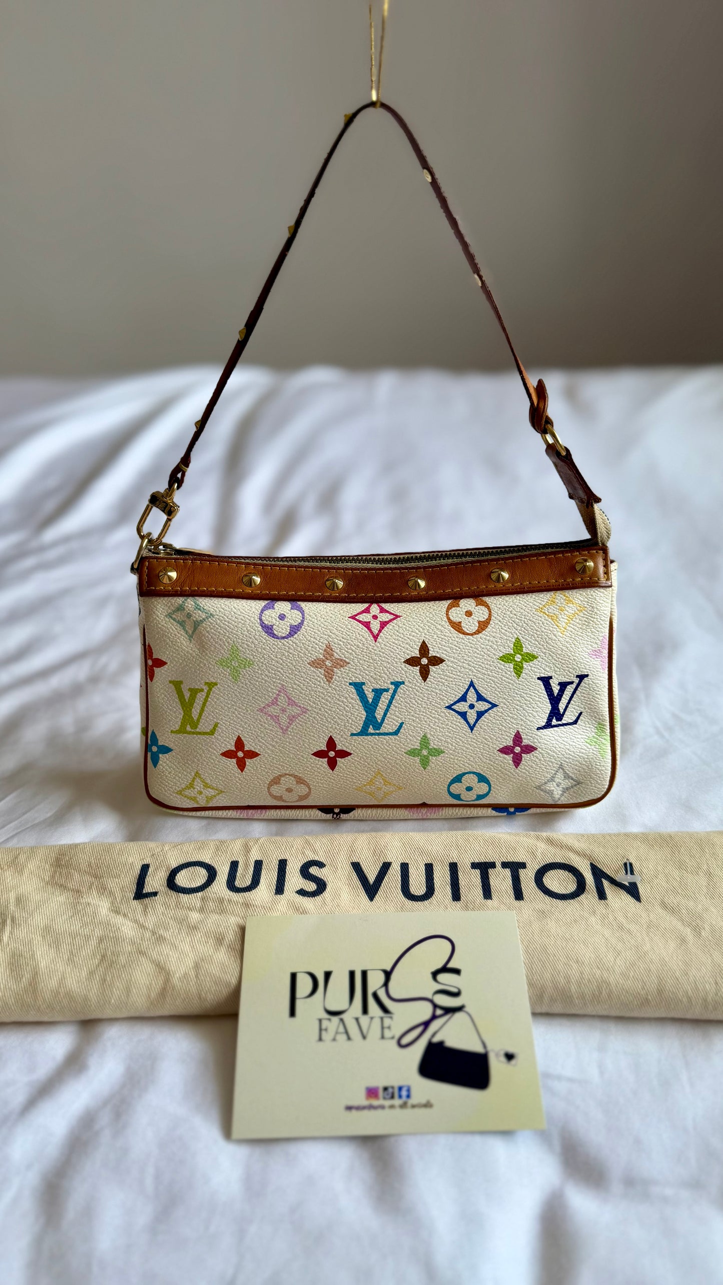 Authentic LOUIS VUITTON × TAKASHI MURAKAMI White Multicolor Pochette Shoulder Bag