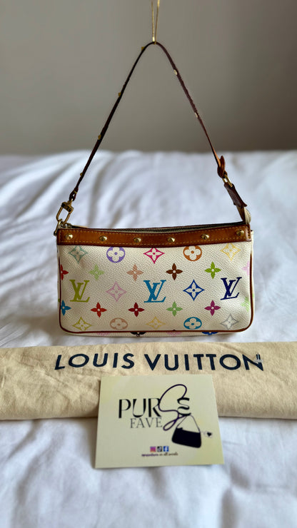 Authentic LOUIS VUITTON × TAKASHI MURAKAMI White Multicolor Pochette Shoulder Bag