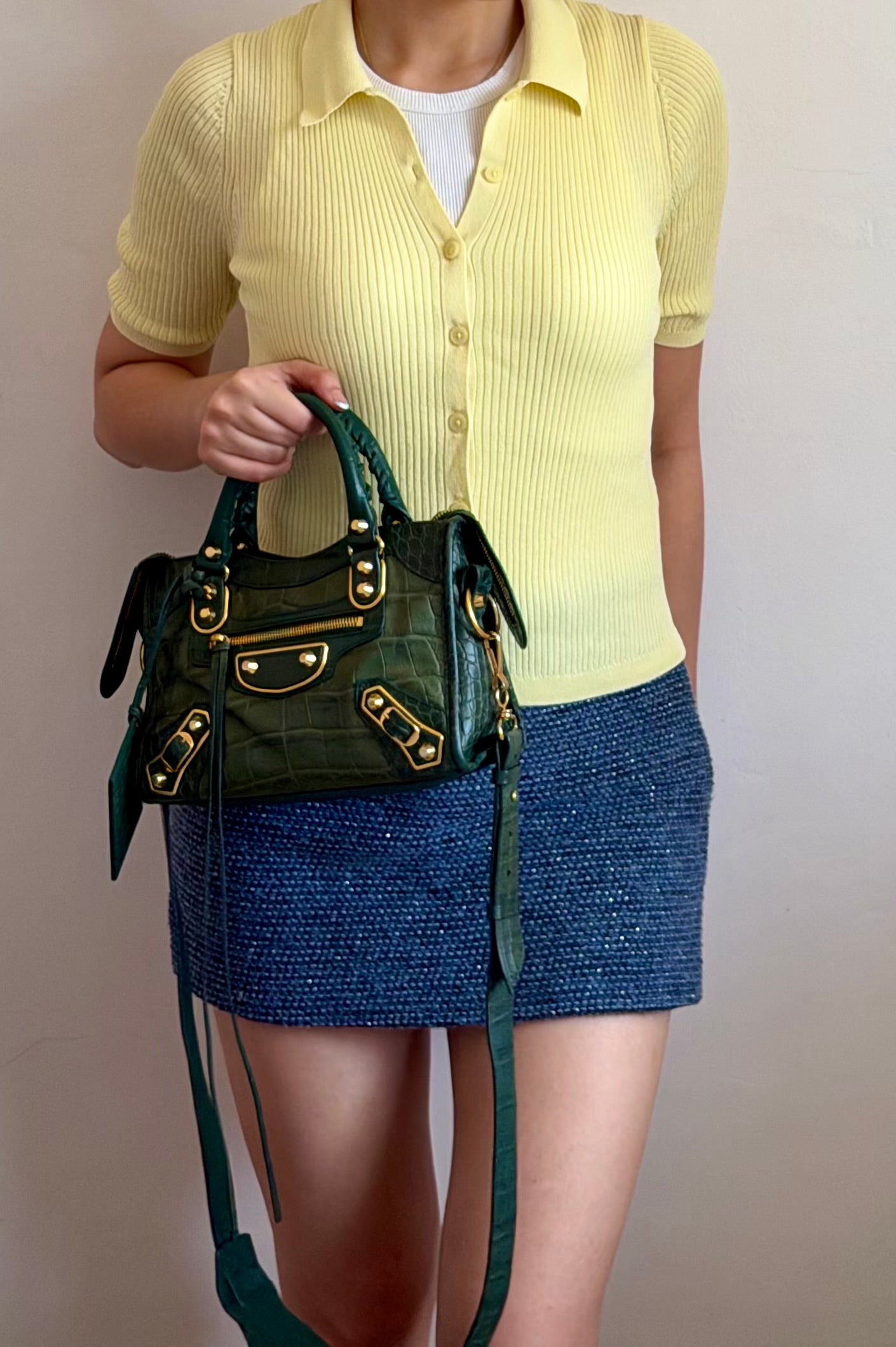 Authentic BALENCIAGA Green Croc-Embossed Leather Mini Classic Metallic Edge City Bag
