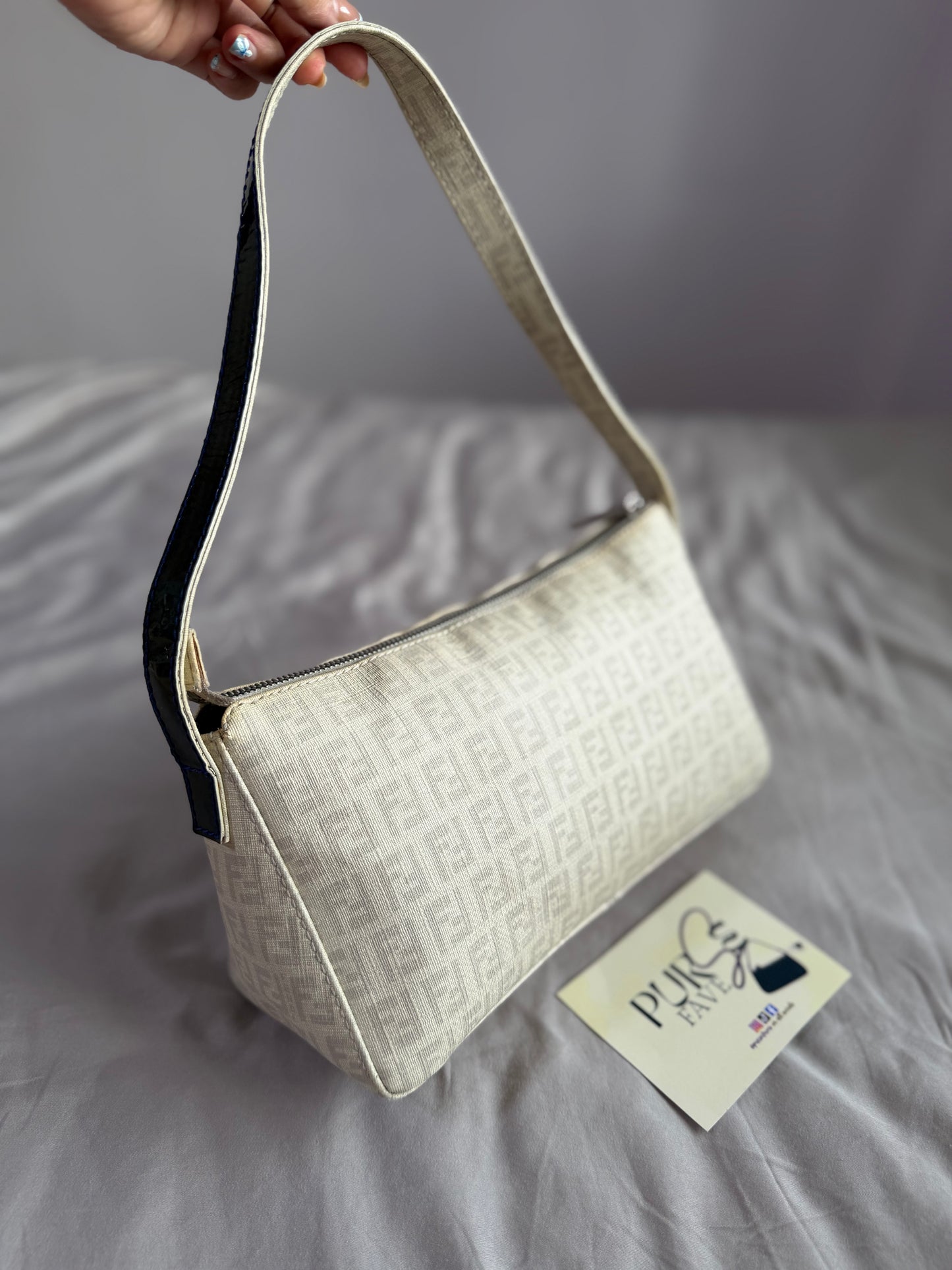 Authentic Vintage Fendi White Zucchino Coated Canvas East-West Shoulder Bag