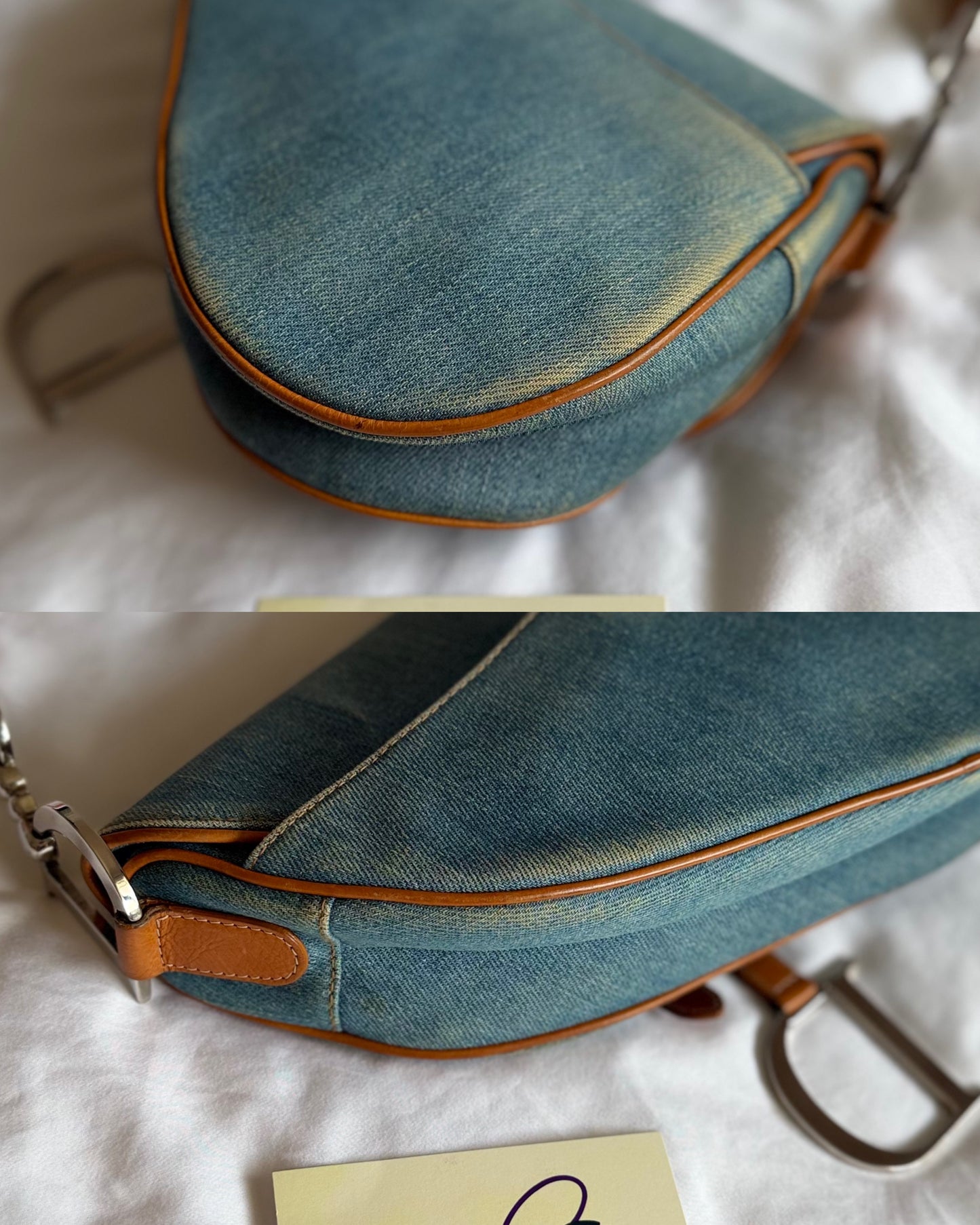 Authentic Vintage Christian Dior Light Blue Denim Saddle Shoulder Bag w/ Embroidered Floral & Butterfly Motifs