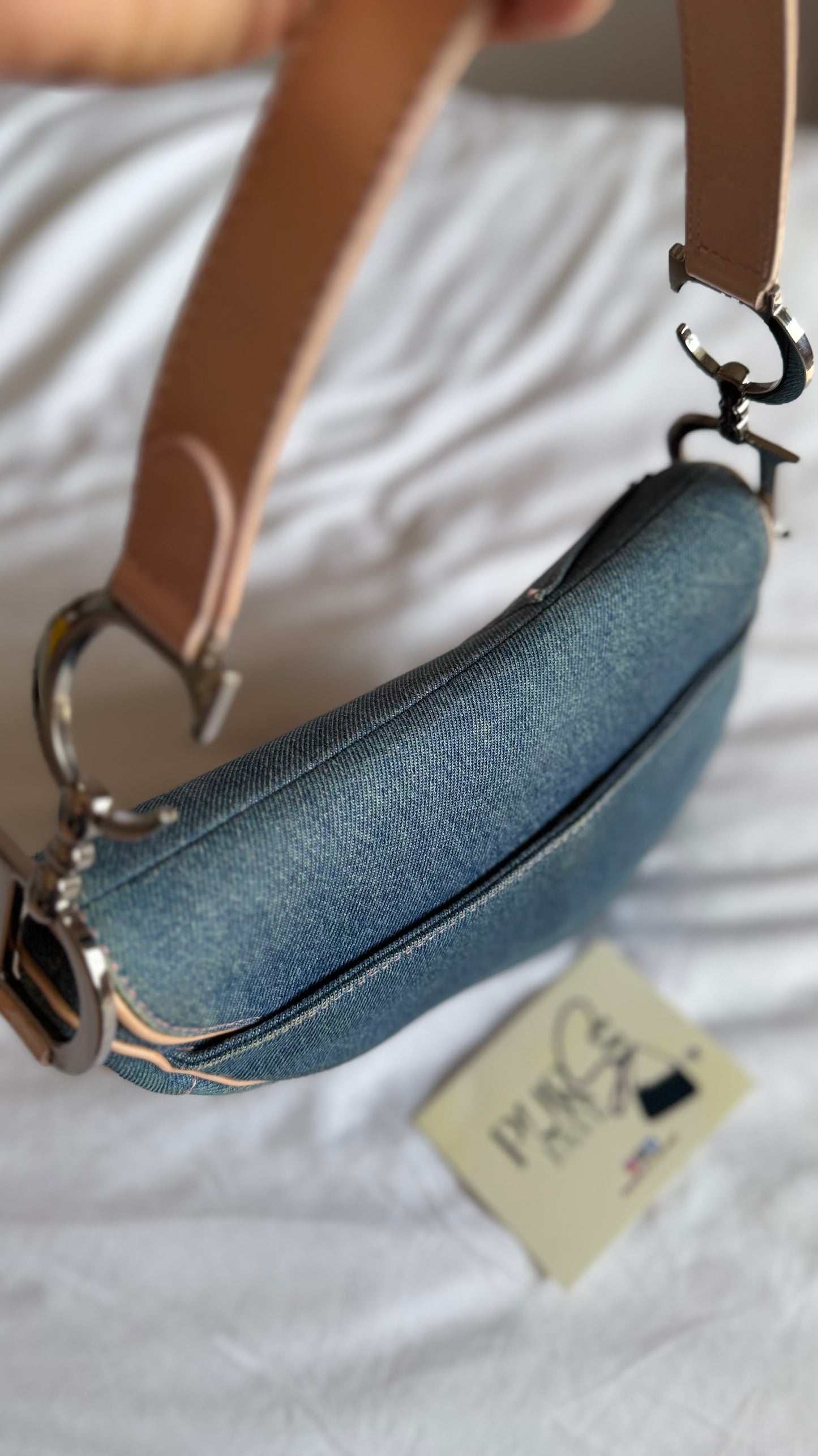 Authentic Vintage Christian Dior Light Blue Denim with Pocket Saddle Shoulder Bag