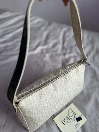 Authentic Vintage Fendi White Zucchino Coated Canvas East-West Shoulder Bag
