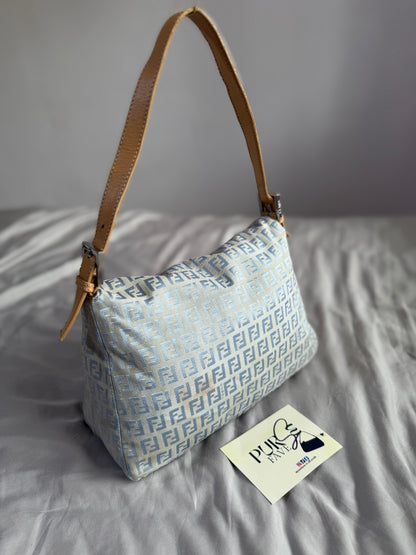 Authentic Vintage Fendi Light Blue Zucchino Canvas Mamma Baguette Shoulder Bag