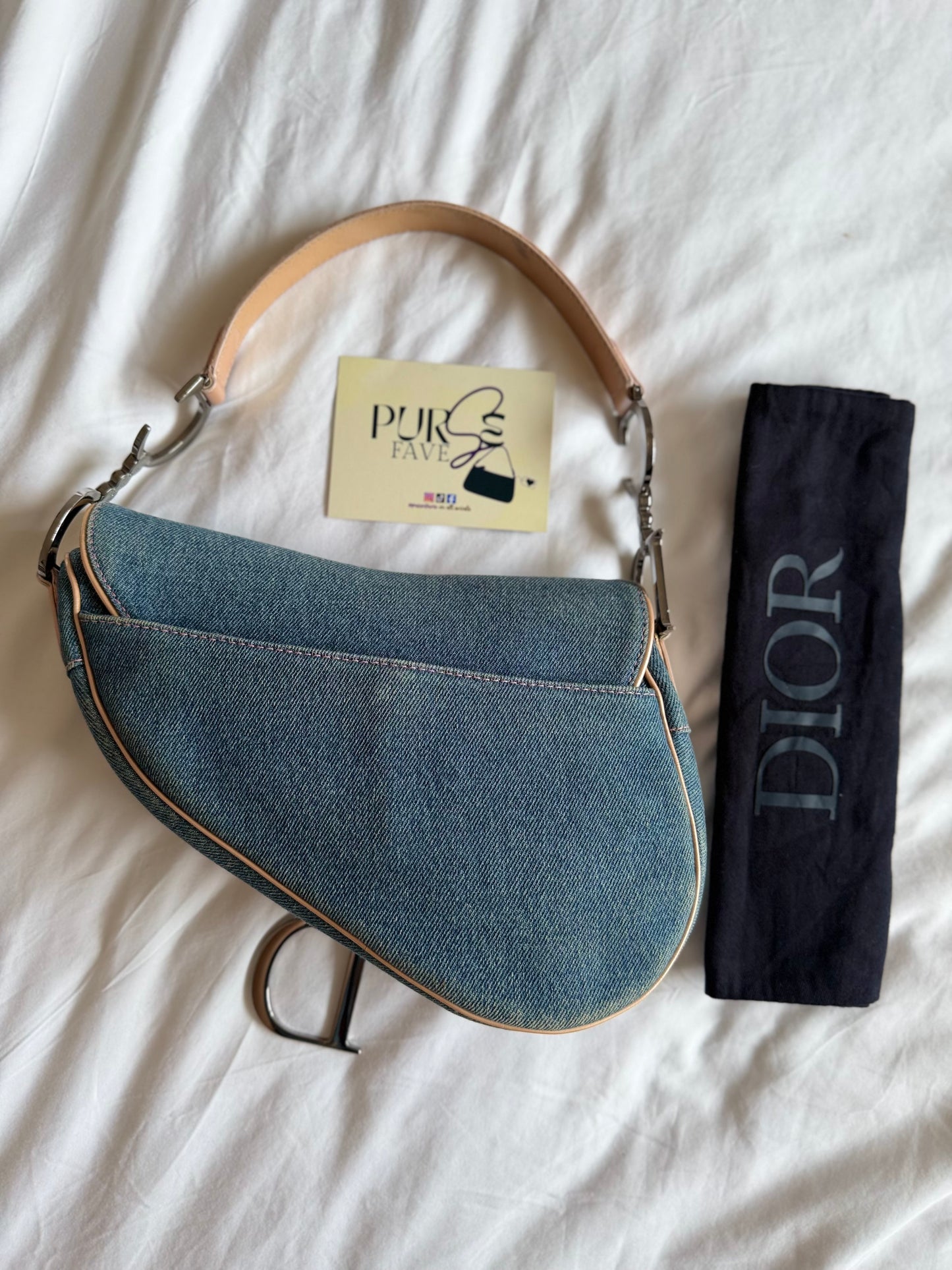 Authentic Vintage Christian Dior Light Blue Denim with Pocket Saddle Shoulder Bag