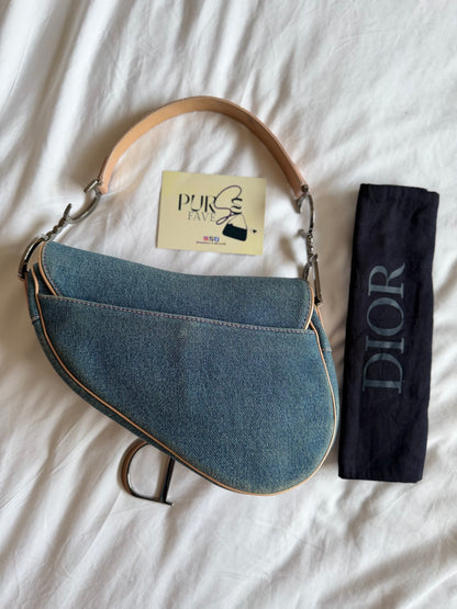 Authentic Vintage Christian Dior Light Blue Denim with Pocket Saddle Shoulder Bag