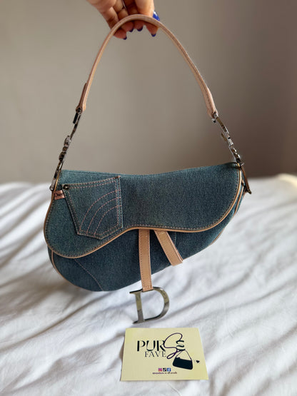 Authentic Vintage Christian Dior Light Blue Denim with Pocket Saddle Shoulder Bag