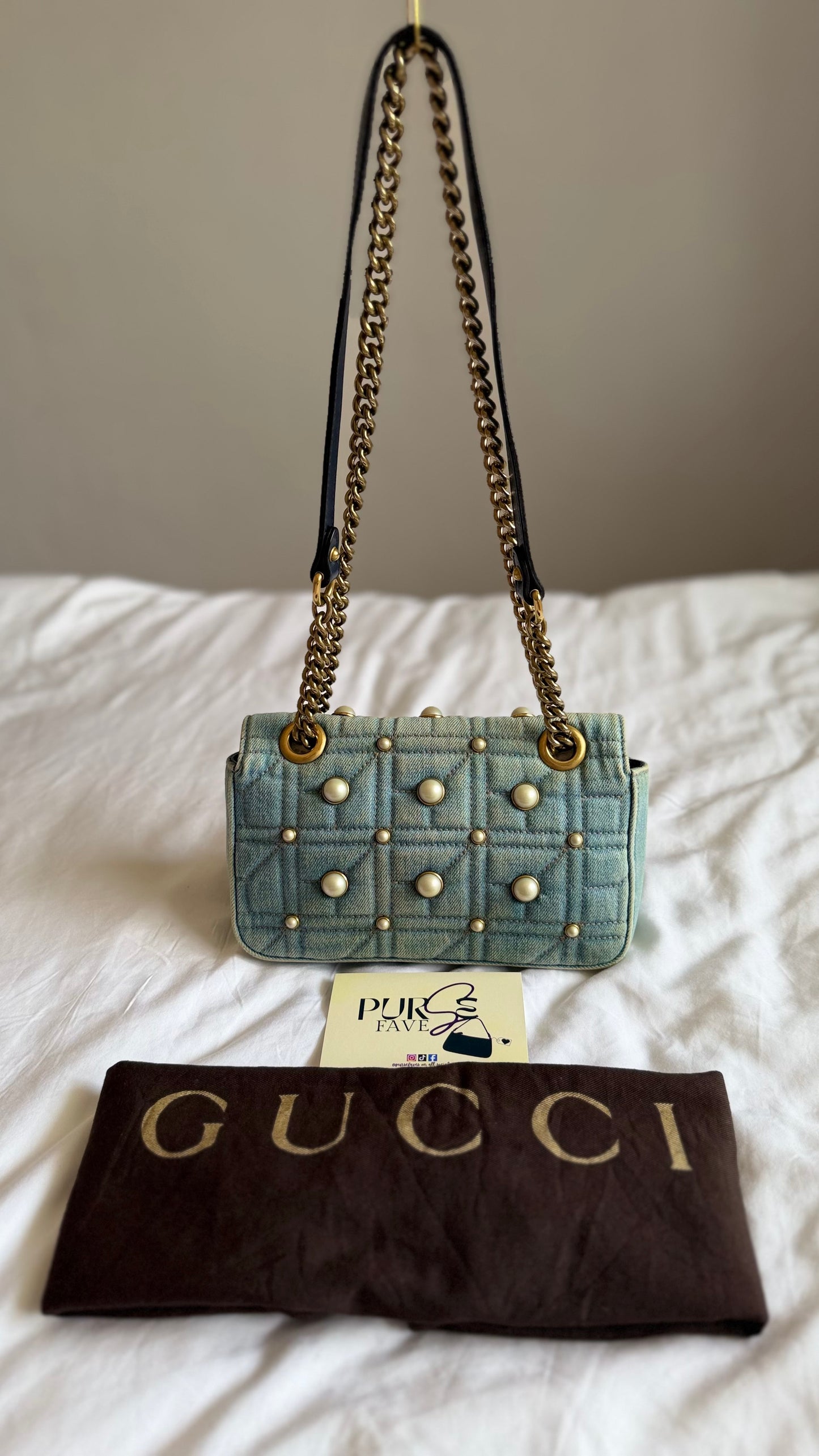 Authentic Gucci GG Marmont Matelassé Pearl Studded Blue Denim Shoulder Crossbody Bag