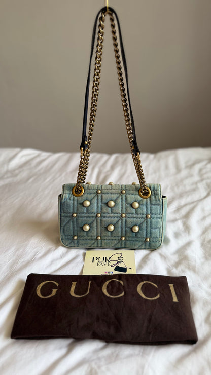 Authentic Gucci GG Marmont Matelassé Pearl Studded Blue Denim Shoulder Crossbody Bag