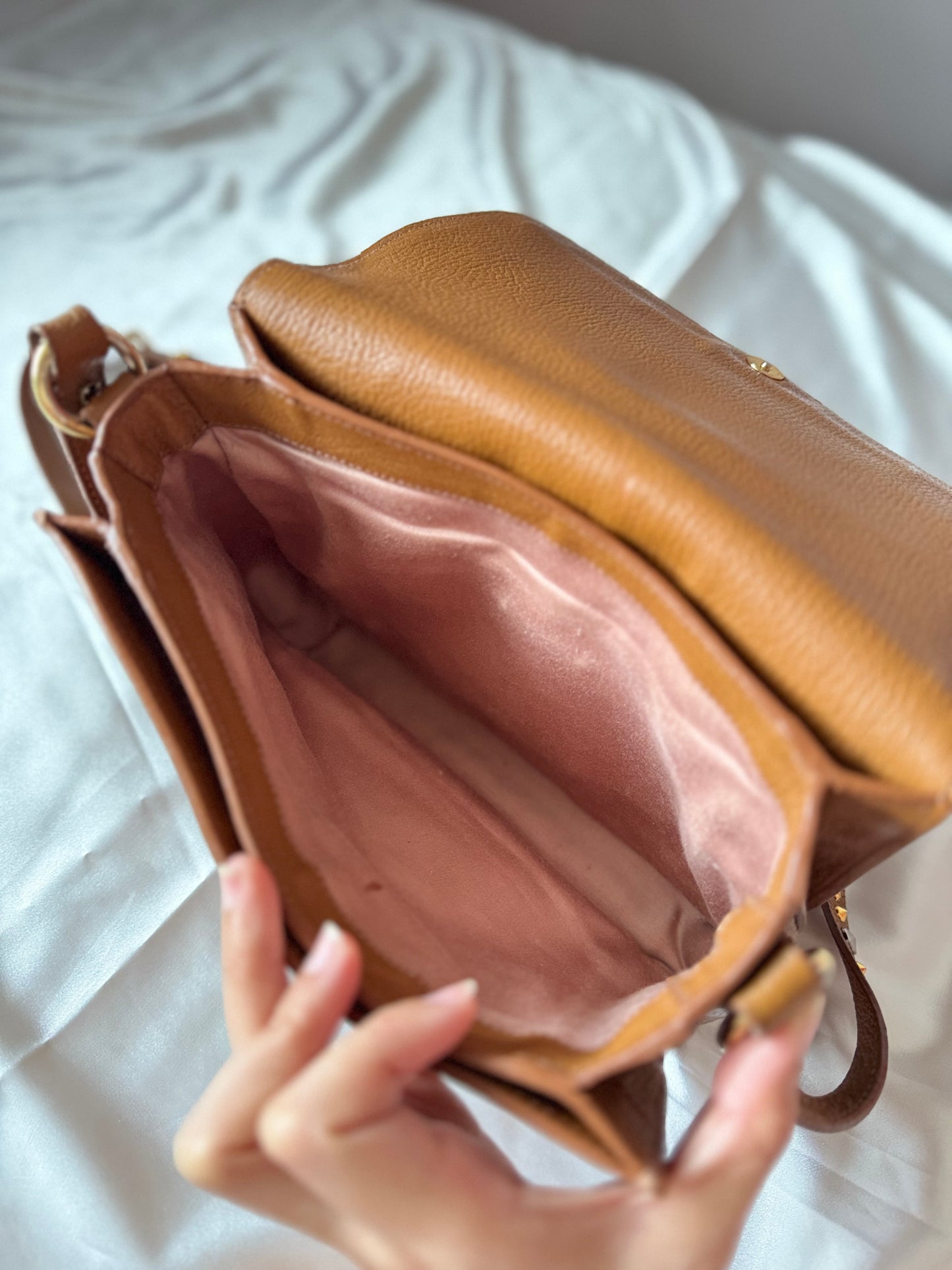 Authentic MIU MIU Madras Ribbon Camel Brown Leather Crystal Studs Embellished Shoulder Crossbody Bag