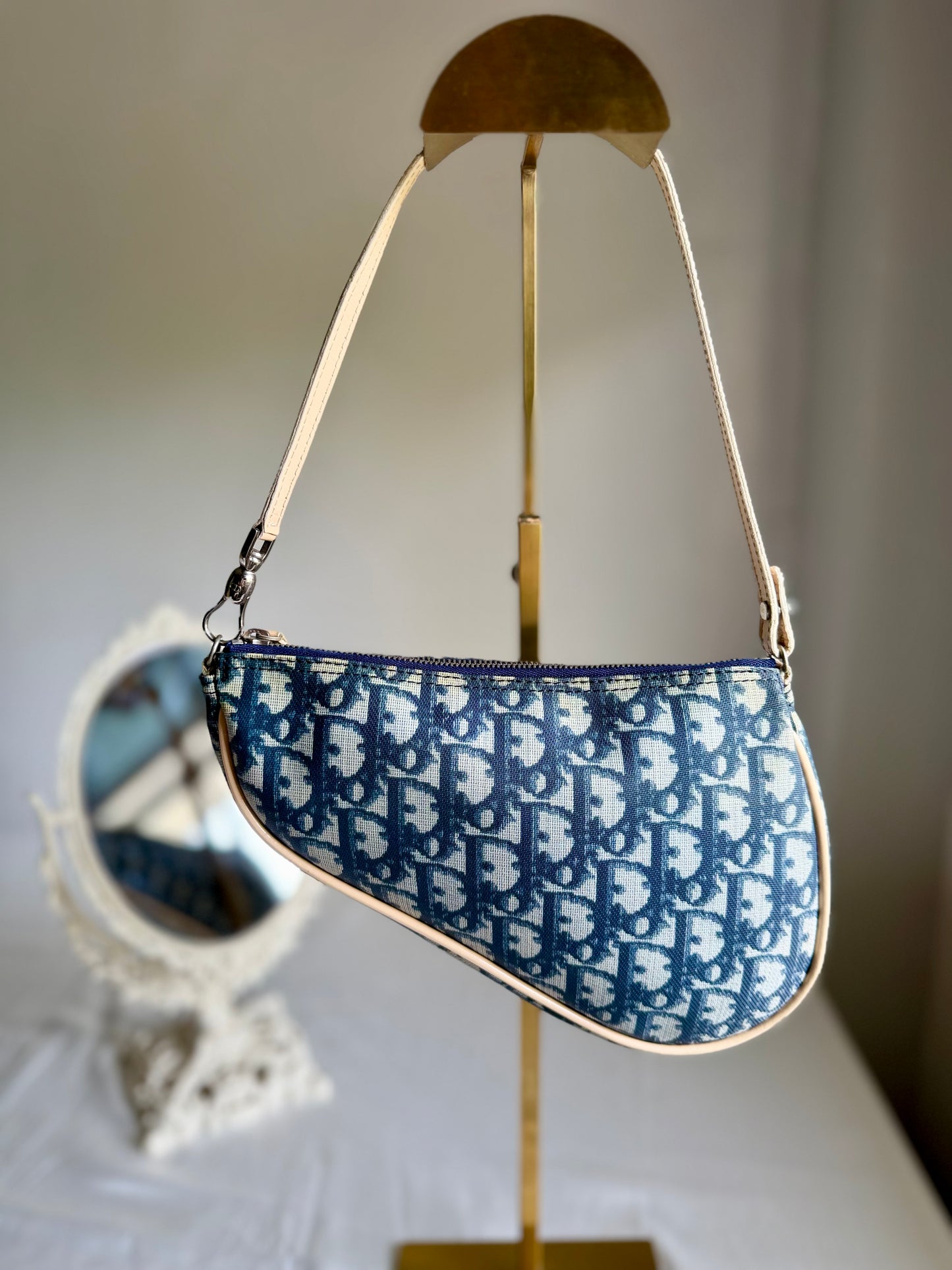 Authentic Vintage CHRISTIAN DIOR Blue Canvas Mini Saddle Pochette Bag