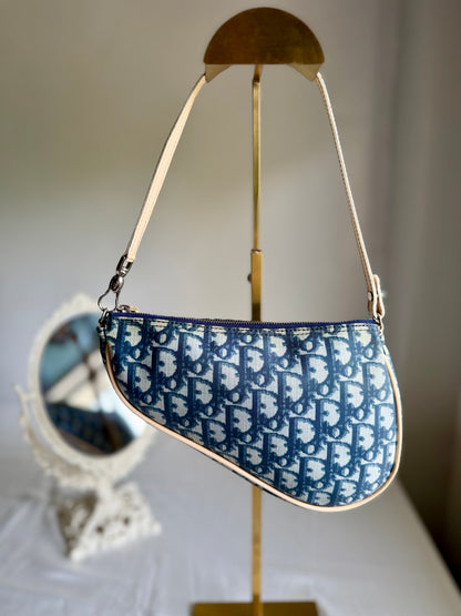 Authentic Vintage CHRISTIAN DIOR Blue Canvas Mini Saddle Pochette Bag