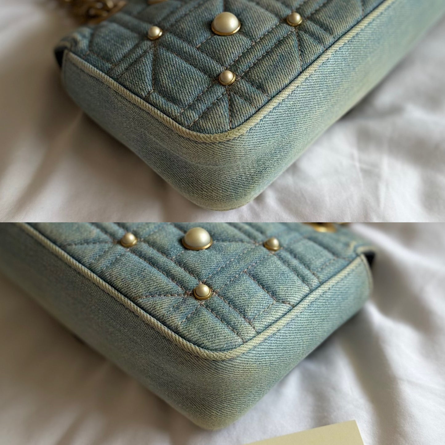 Authentic Gucci GG Marmont Matelassé Pearl Studded Blue Denim Shoulder Crossbody Bag
