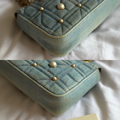 Authentic Gucci GG Marmont Matelassé Pearl Studded Blue Denim Shoulder Crossbody Bag