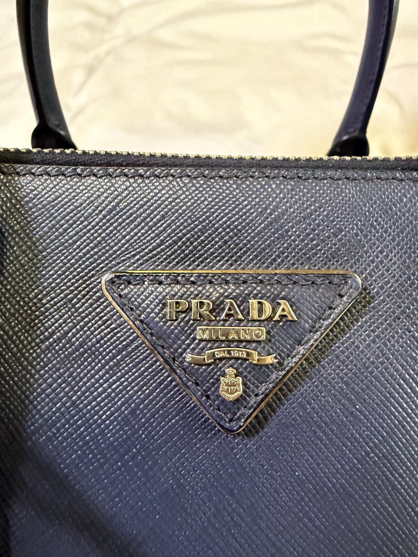 Authentic PRADA Saffiano Lux Galleria Navy Blue Mini Double Zip Tote Crossbody