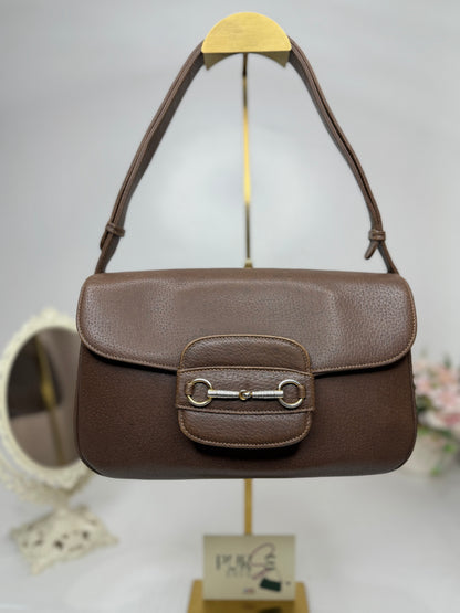 Authentic GUCCI 1955 Vintage Horsebit Shoulder & Crossbody Bag Brown Grained Leather | Mixed Gold & Silver Hardware