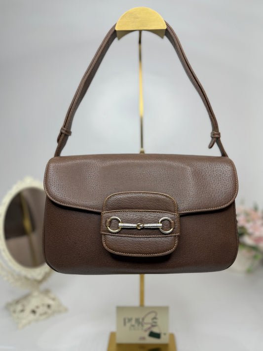 Authentic GUCCI 1955 Vintage Horsebit Shoulder & Crossbody Bag Brown Grained Leather | Mixed Gold & Silver Hardware